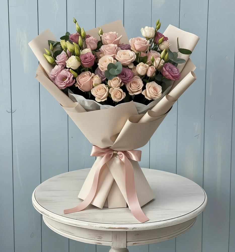 Букет цветов из: Розы и Лизиантусы в Русский Акташ