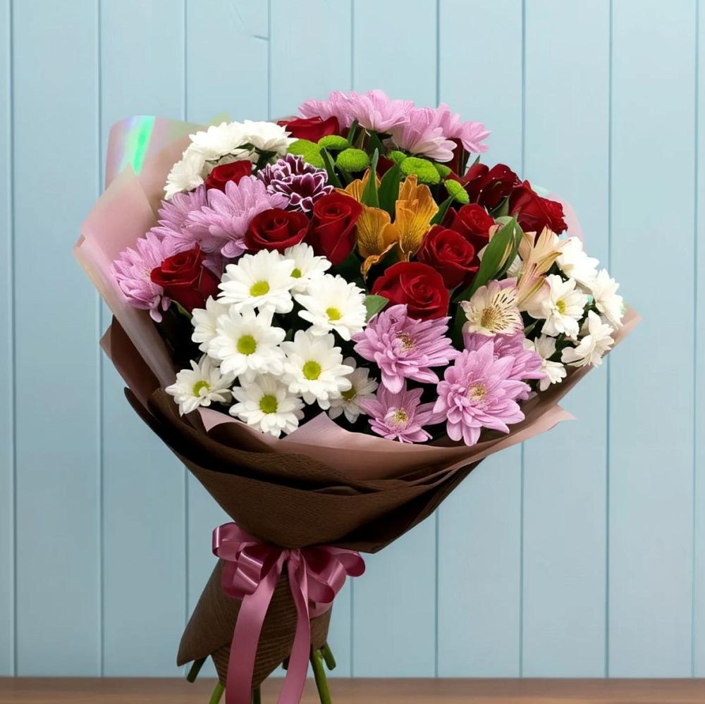 Букет цветов из: Розы, Хризантемы и Альстромерии в Русский Акташ