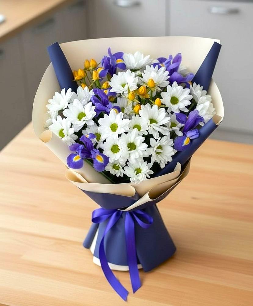 Букет цветов из: Розы, Ирисы и Хризантемы в Русский Акташ