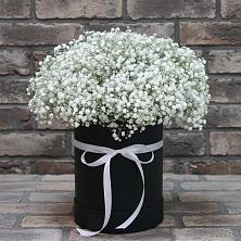 Цветочная композиция из Гипсофила в шляпной коробке в Русский Акташ